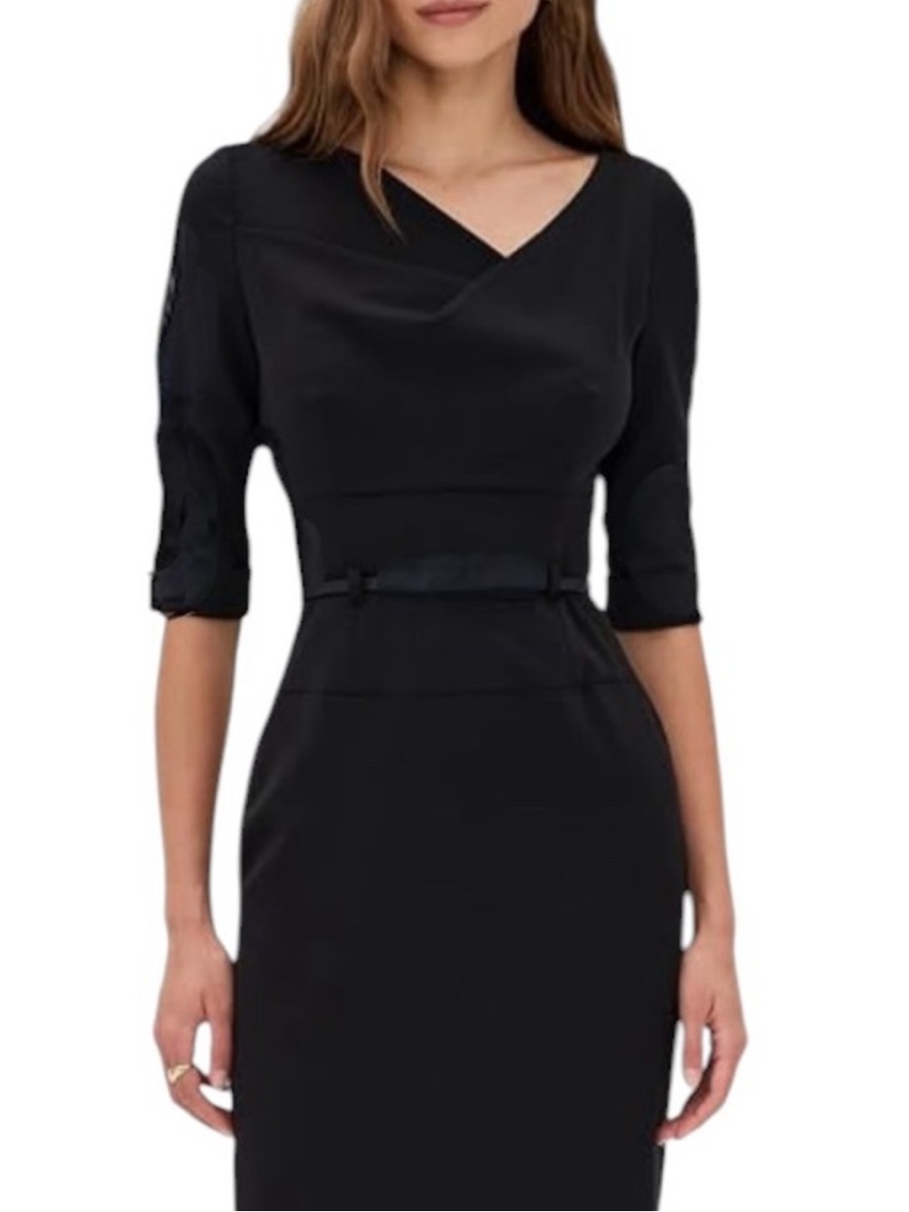Tahari Jackie O Black Asymmetric Neck Sheath Dress